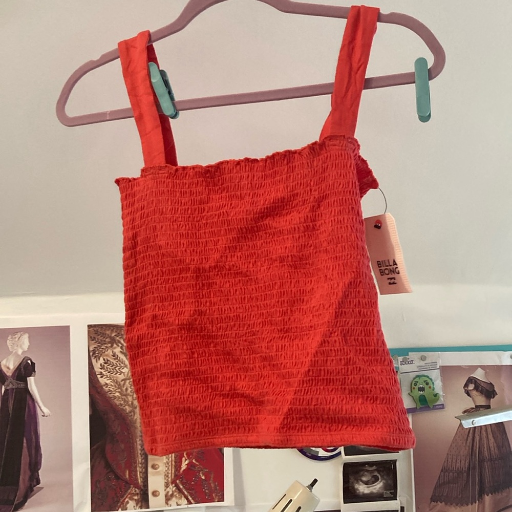 Billabong Sweet Dawn coral elastic stretchy smocked crop tank top
